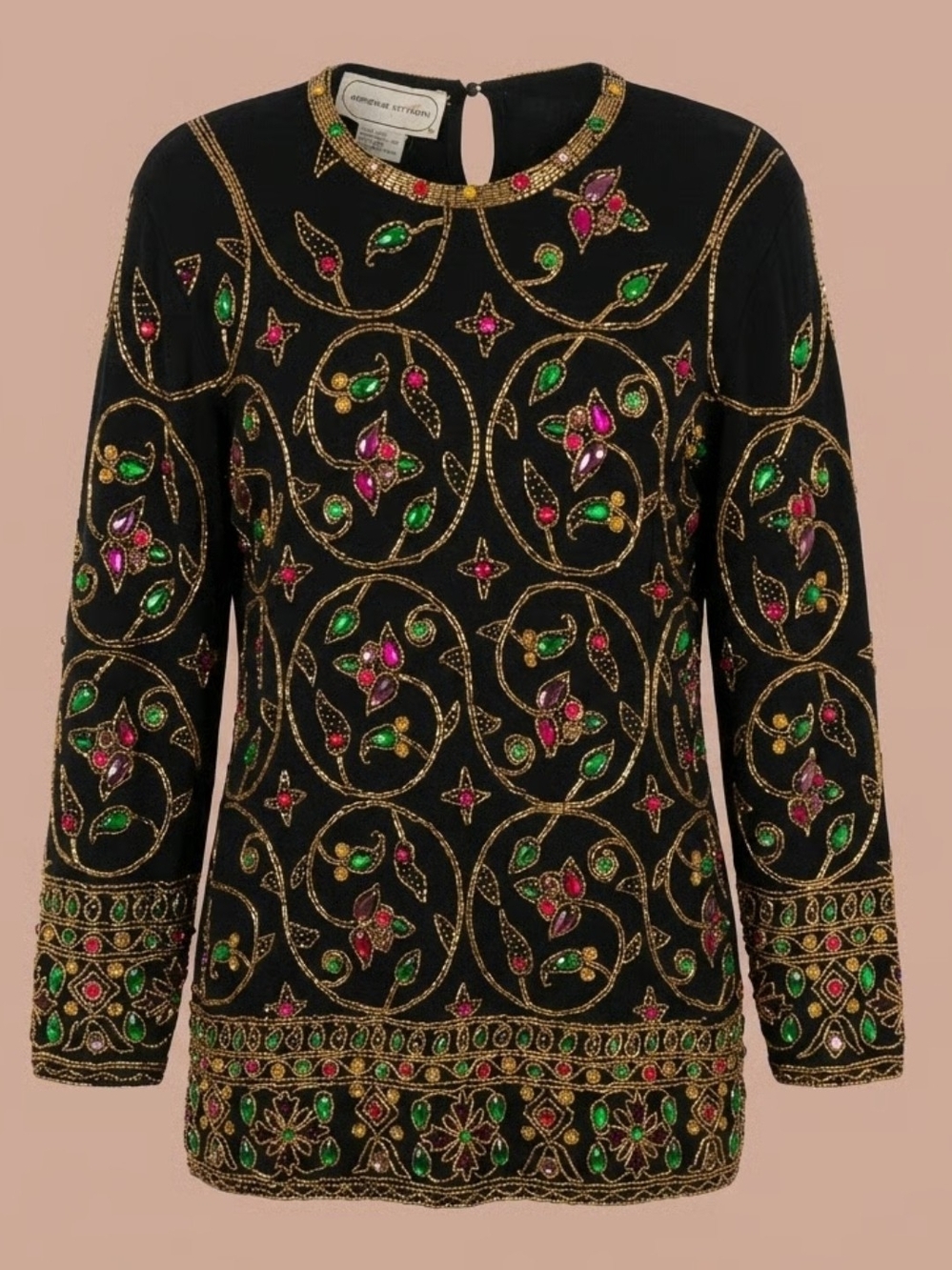 Adrienne Vittadini Black Embellished Long-Sleeve Top with Green & Pink Accents